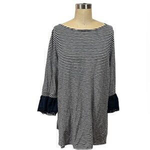 J. JILL Striped Dark Navy and Striped White Smocked Tunic w/Flared Sleeves Sz XL